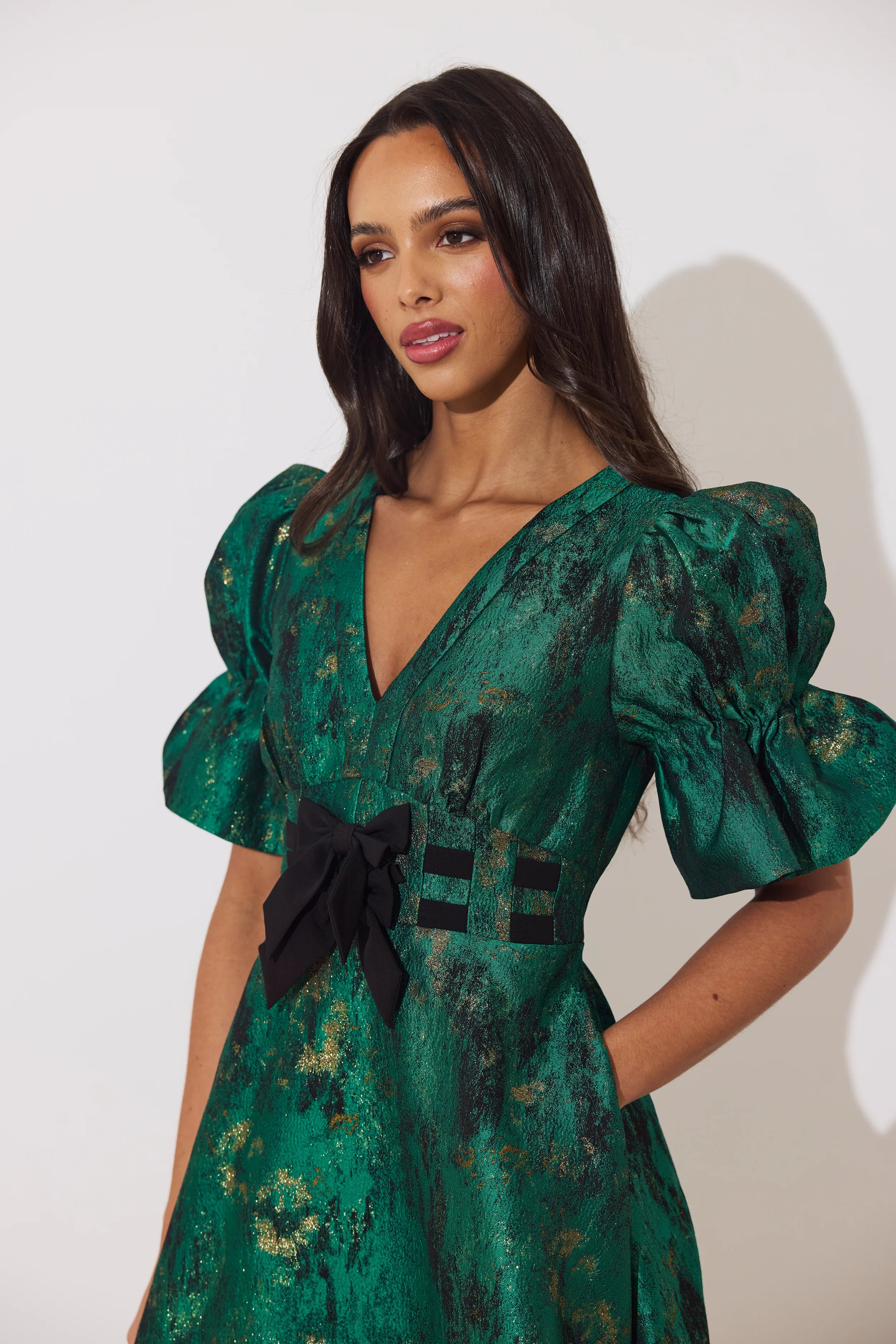 8th Sign Callie green metallic dress puff sleeves and black bow waist detail