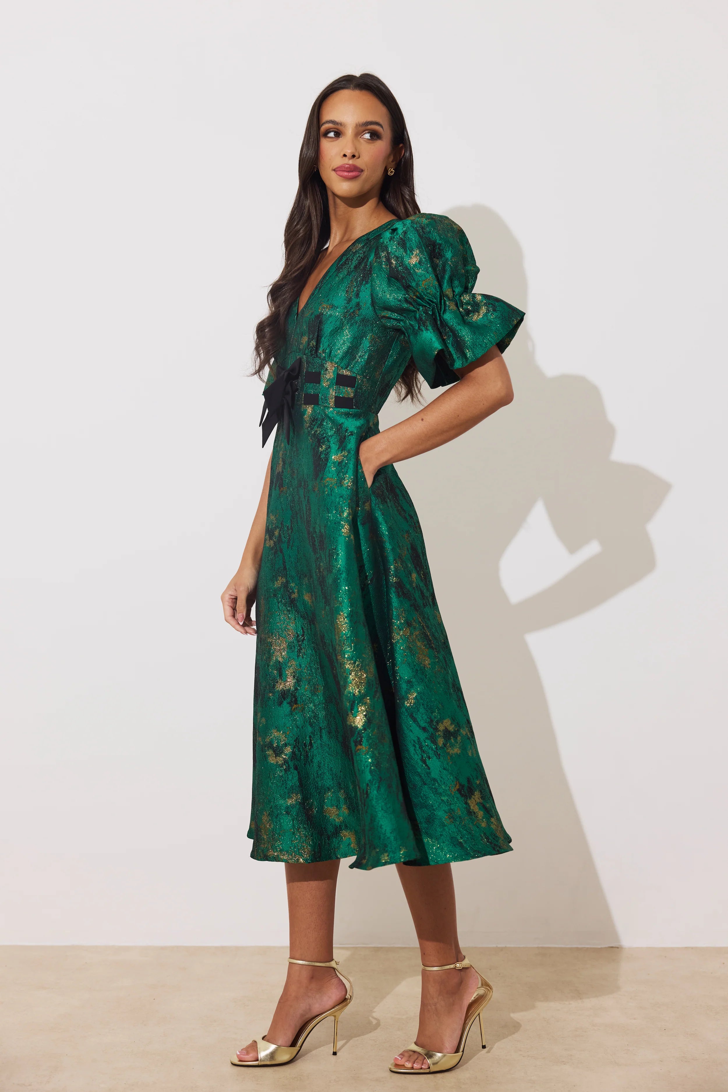 8th Sign Callie emerald green metallic midi dress side profile