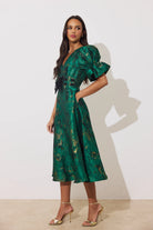 8th Sign Callie emerald green metallic midi dress side profile