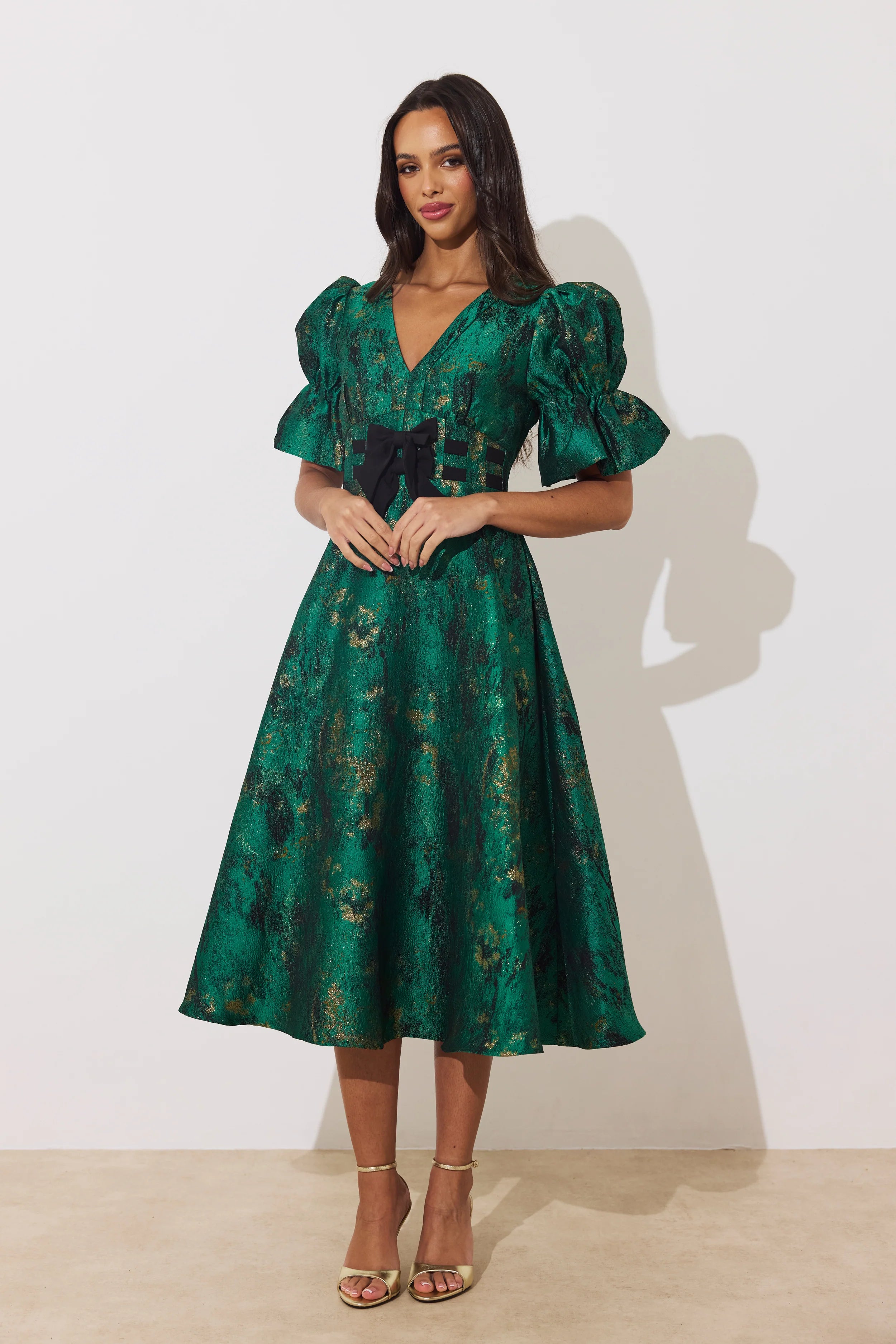 8th Sign Callie emerald green full skirt midi dress front view