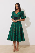 8th Sign Callie emerald green full skirt midi dress front view