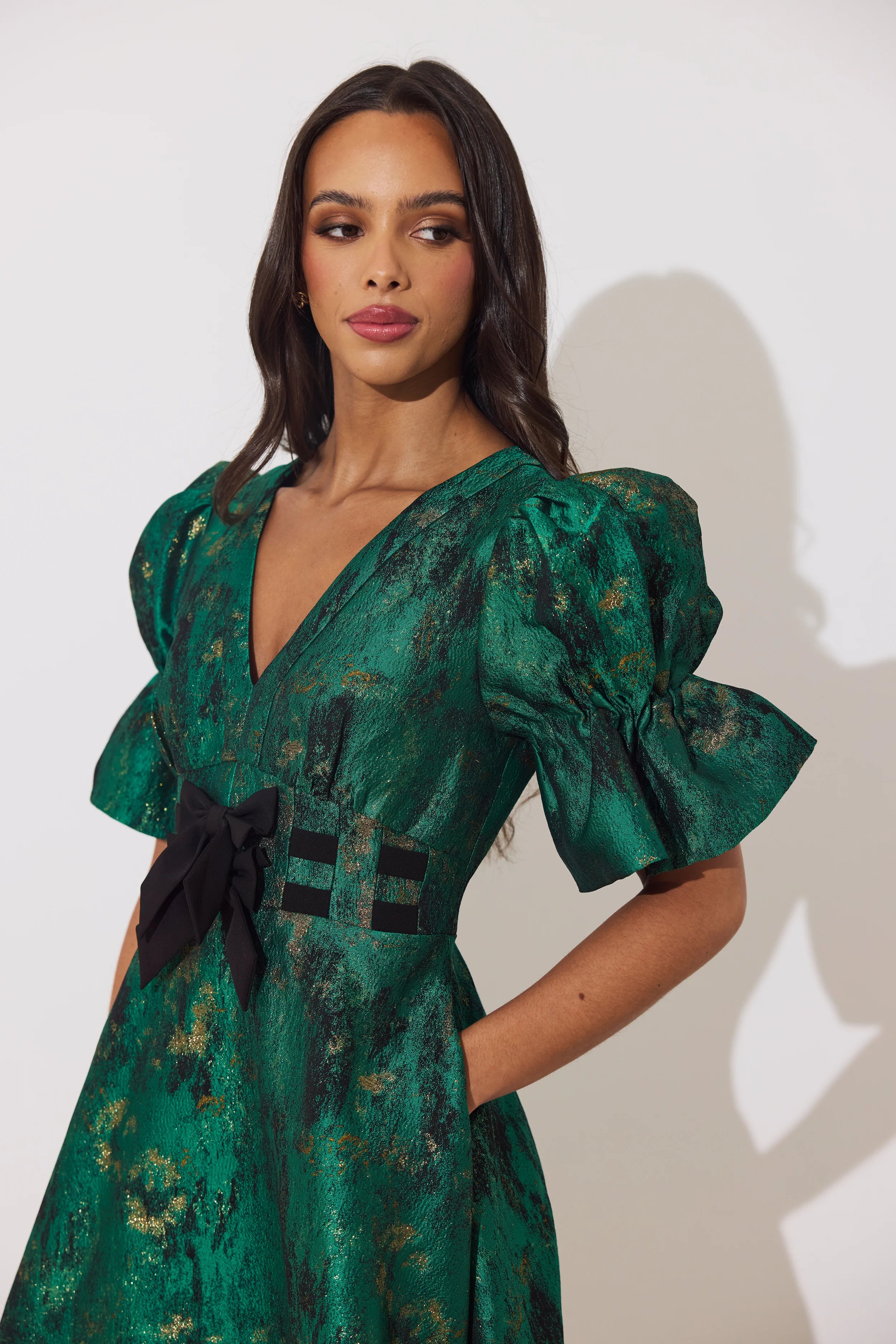 8th Sign Callie emerald green metallic occasion dress black bow detail