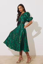 8th Sign Callie green metallic bow midi dress full skirt detail