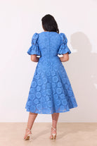 8th Sign Callie crochet lace midi dress back view in cornflower blue