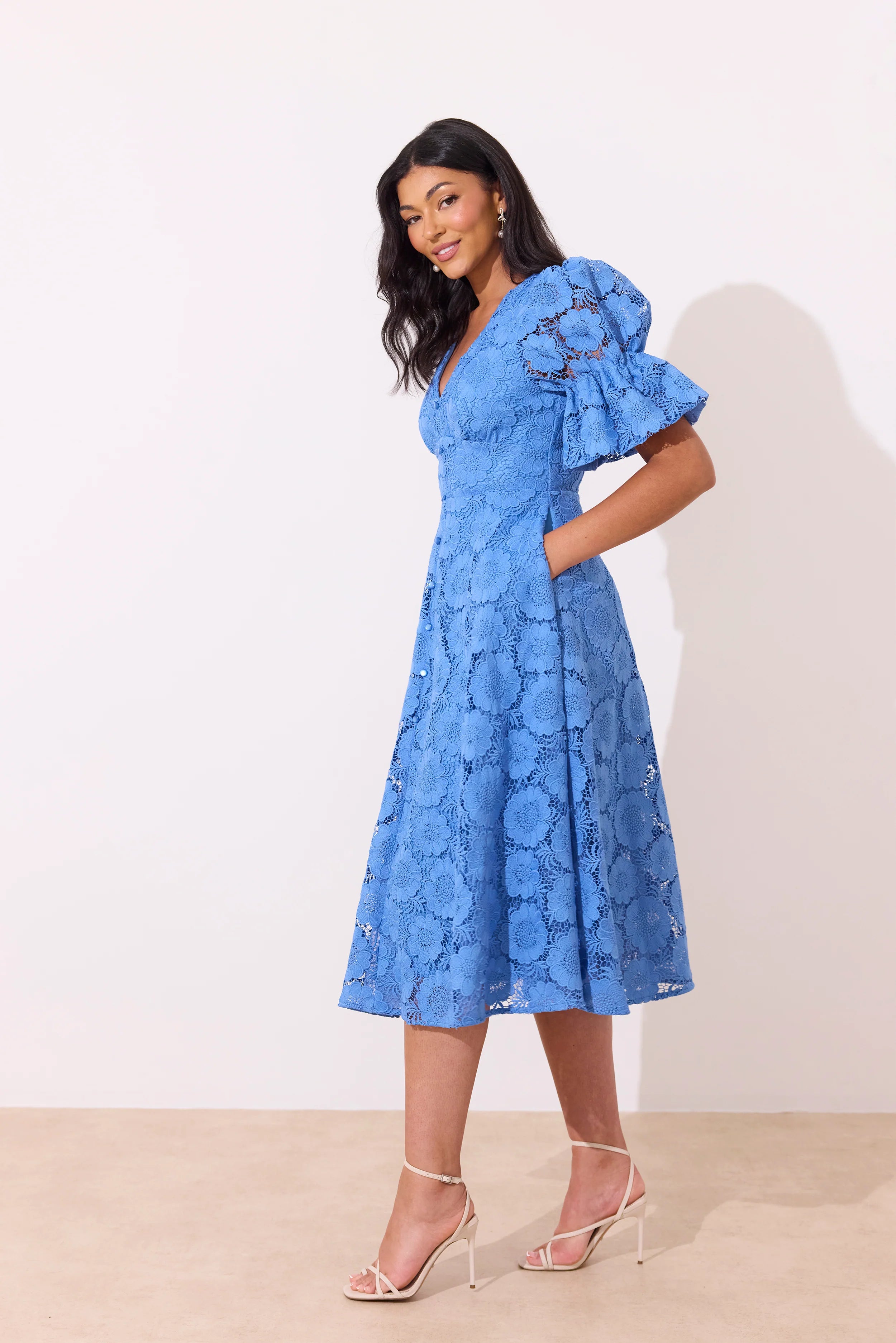 8th Sign Callie cornflower blue midi dress side profile showing full skirt And pockets
