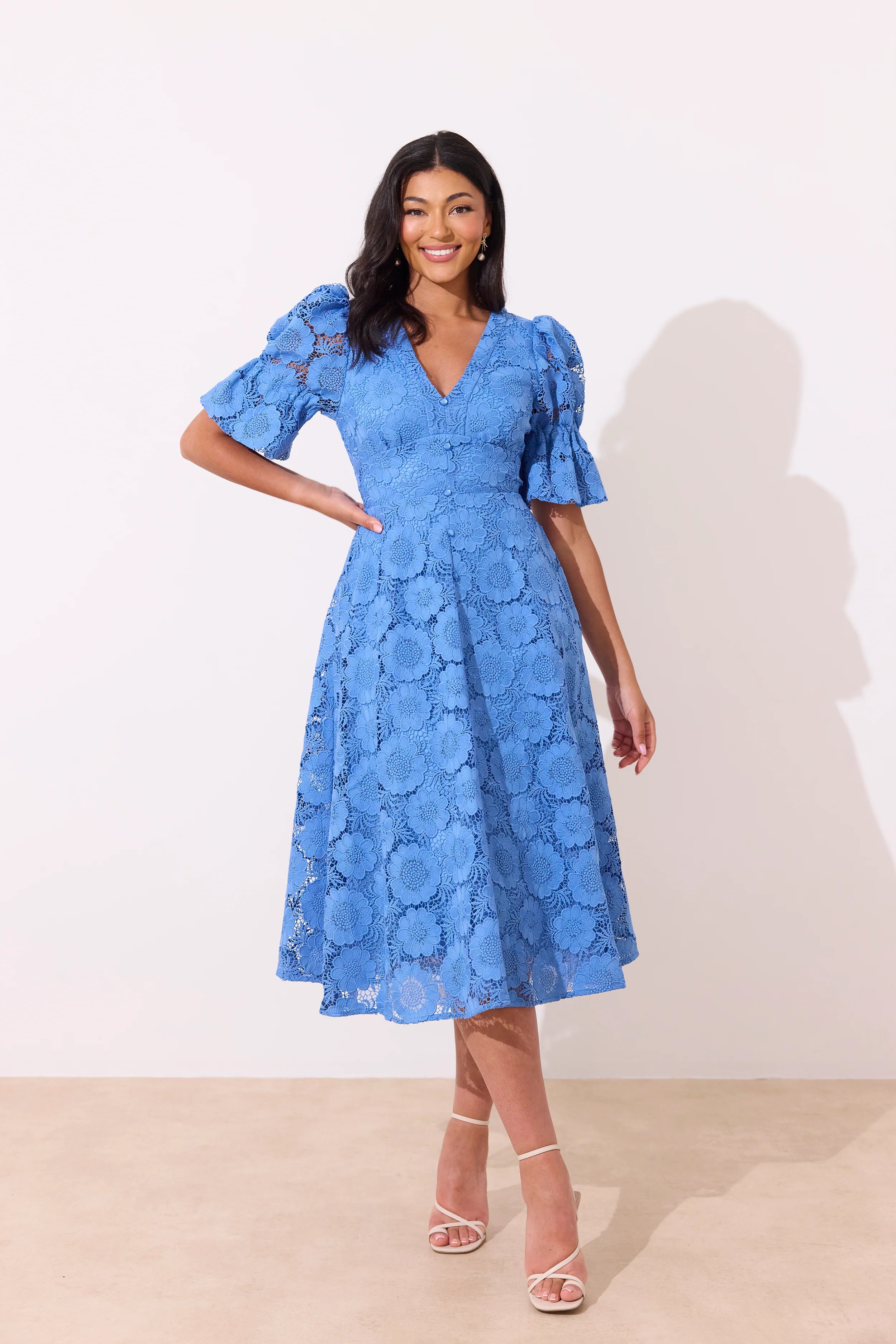 8th Sign Callie crochet lace midi dress in cornflower blue front view