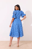 8th Sign Callie cornflower blue lace midi dress rear angle 