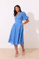 8th Sign Callie cornflower blue midi dress full silhouette studio shot