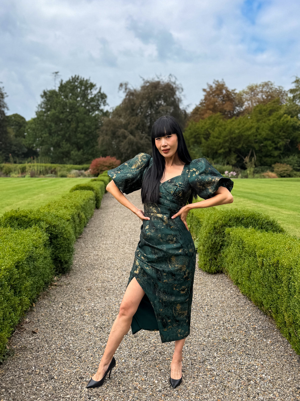 8th Sign Camellia green gold ruched midi dress with front split