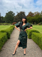 8th Sign Camellia green gold metallic ruched midi dress front view