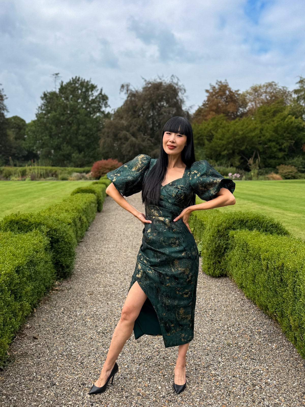 8th Sign Camellia green gold metallic ruched midi dress front view