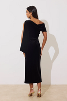 8th Sign Eleni black velvet draped shoulder midi dress back view