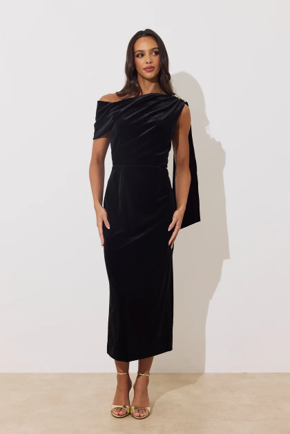 8th Sign Eleni black velvet draped midi occasion dress front view