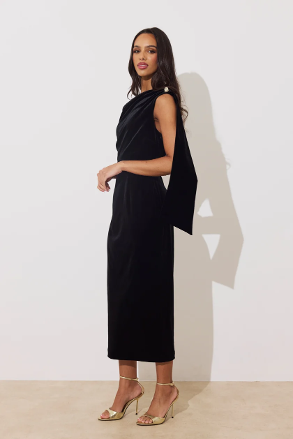 8th Sign Eleni black velvet draped midi occasion dress 
