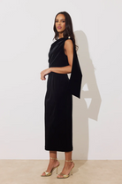 8th Sign Eleni black velvet draped midi occasion dress 