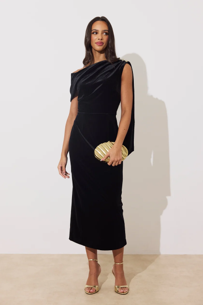 8th Sign Eleni black velvet midi dress full front view