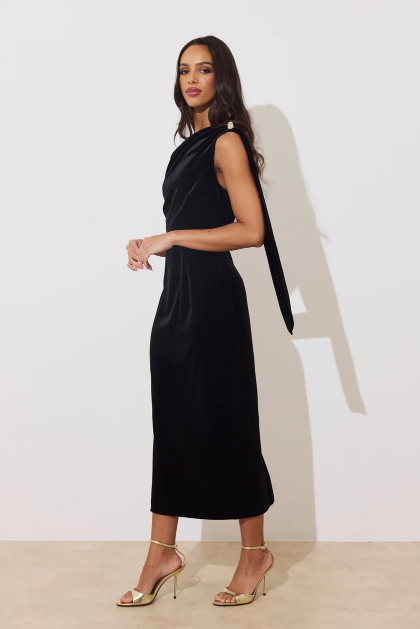 8th Sign Eleni asymmetric draped black velvet midi dress side profile
