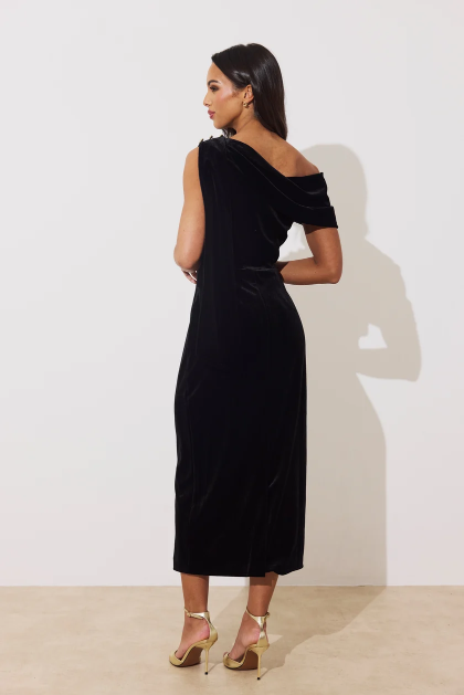 8th Sign Eleni black velvet midi dress draped back view