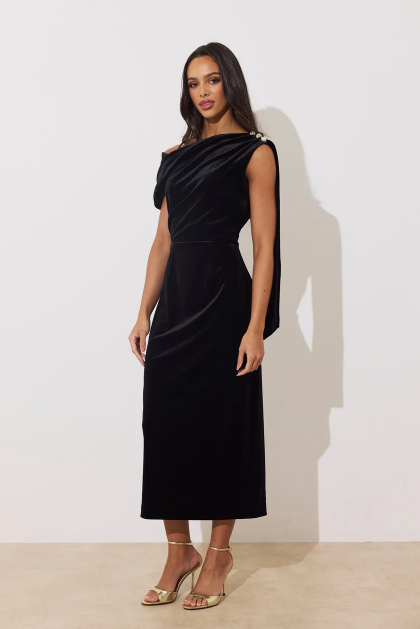 8th Sign Eleni black velvet asymmetric shoulder midi dress