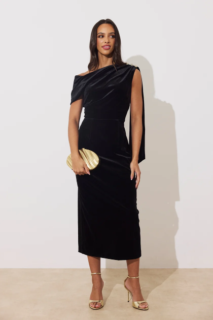 8th Sign Eleni black velvet midi occasion dress front view