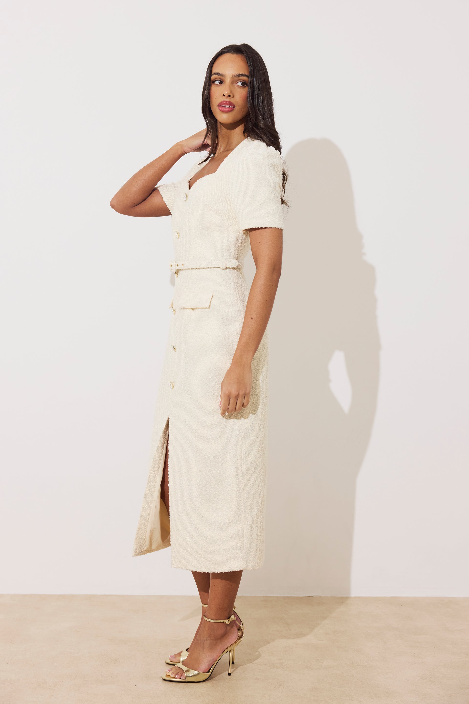 8th Sign Harriet cream structured tweed occasion dress front view