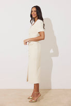 8th Sign Harriet cream belted tweed midi dress side profile