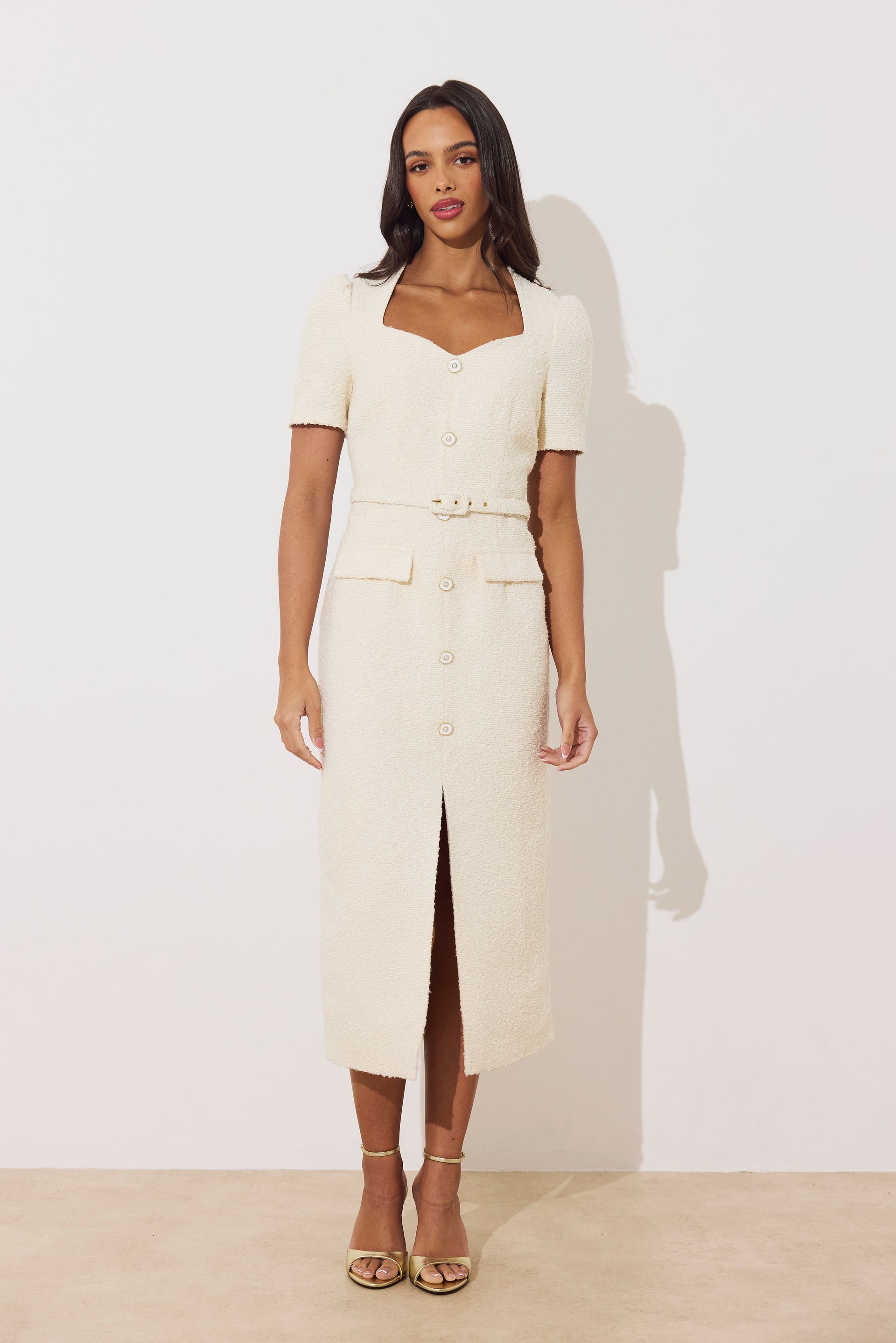 8th Sign Harriet cream tailored tweed midi dress with belted fitted waist 