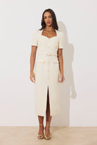 8th Sign Harriet cream tailored tweed midi dress with belted fitted waist 