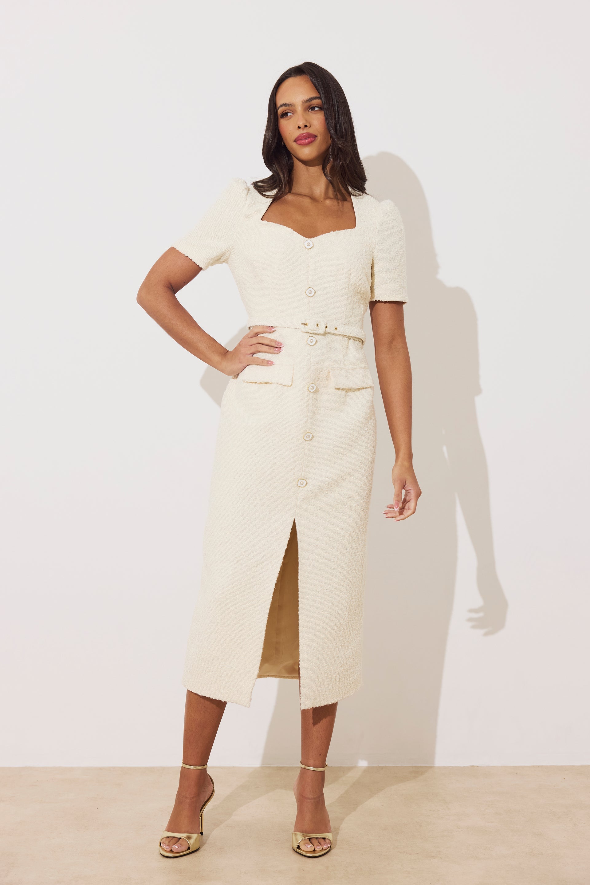 8th Sign Harriet cream tweed midi dress with sweetheart neckline and belt