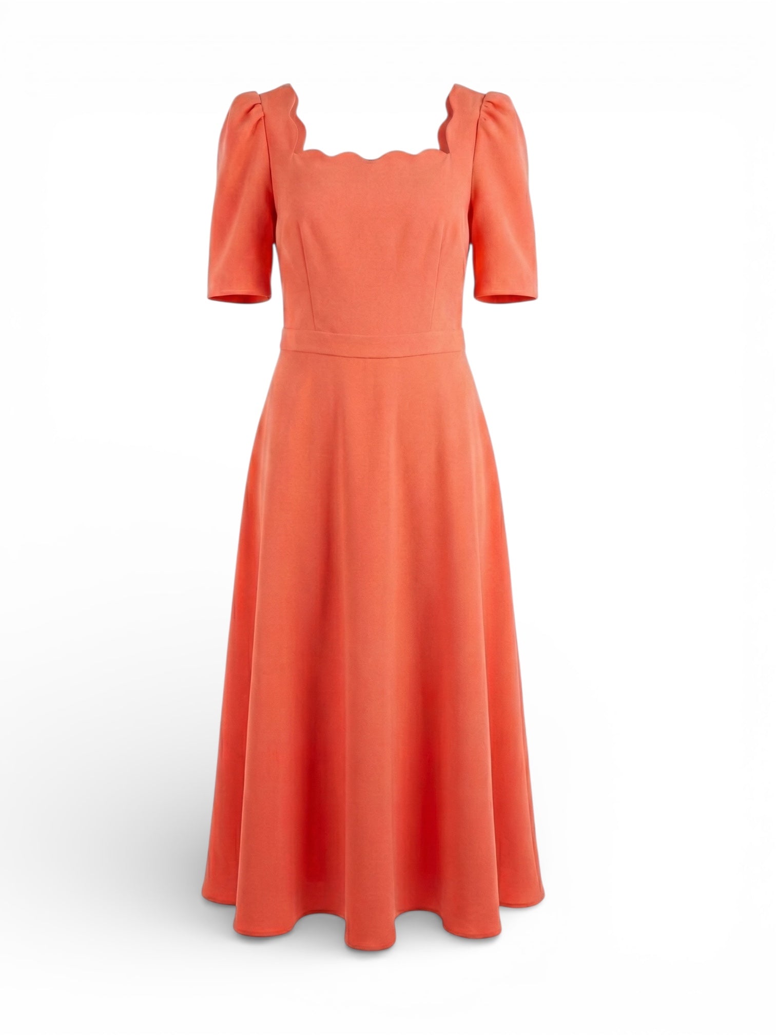 8th Sign Livia coral midi dress scallop square neckline detail