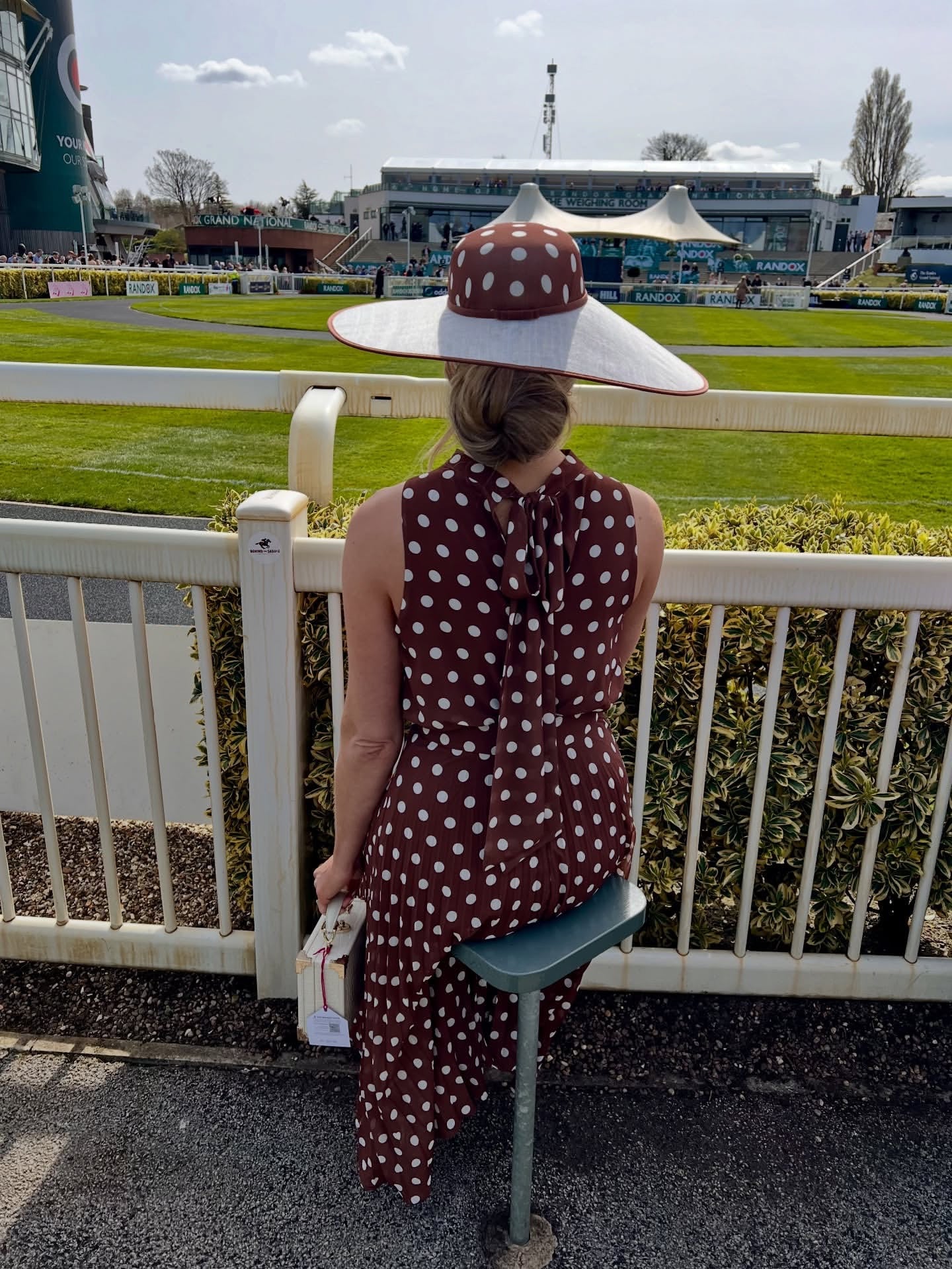     8th Sign Milly brown polka dot pleated midi dress styled for the races