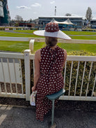     8th Sign Milly brown polka dot pleated midi dress styled for the races