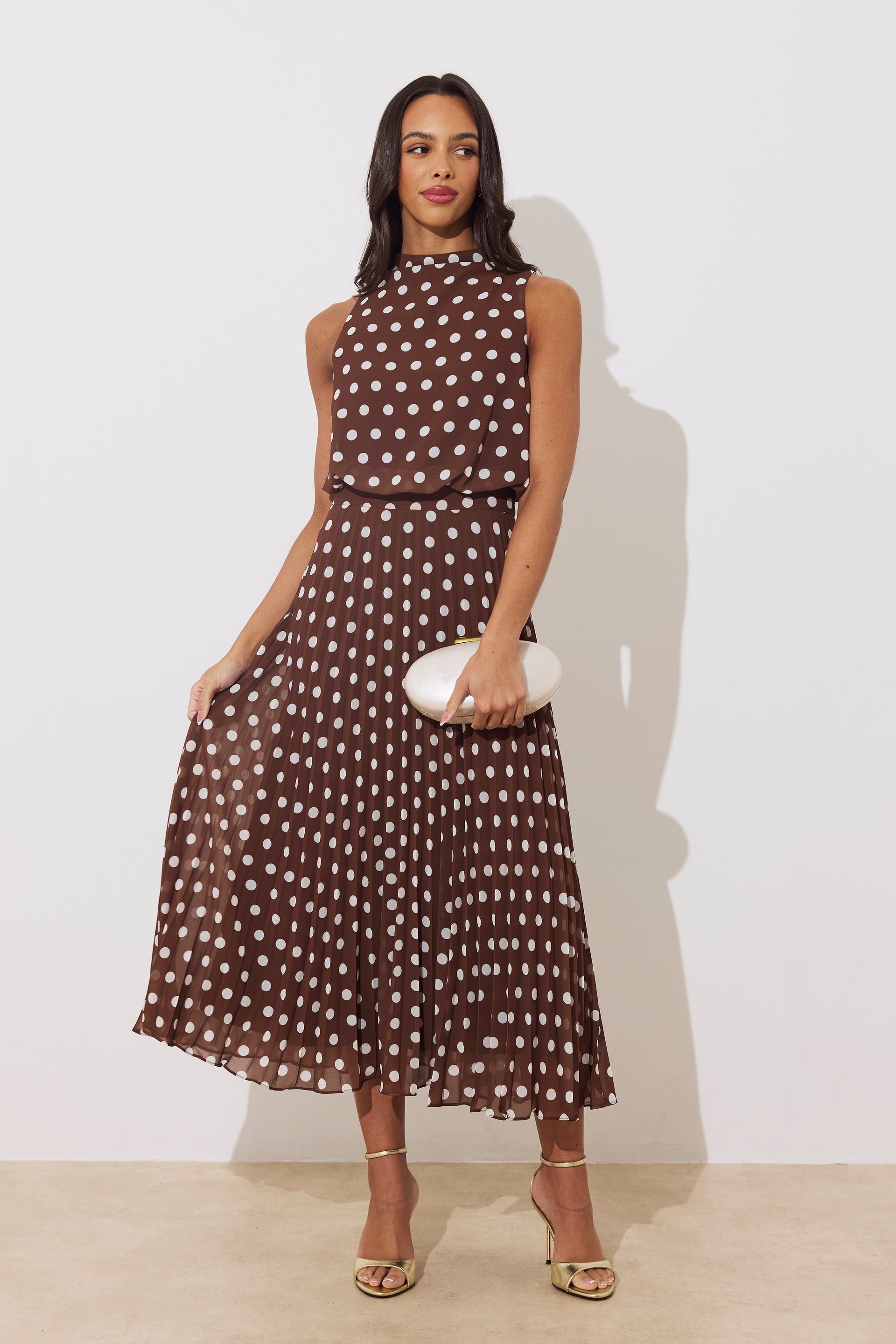     8th Sign Milly brown polka dot pleated midi dress front view