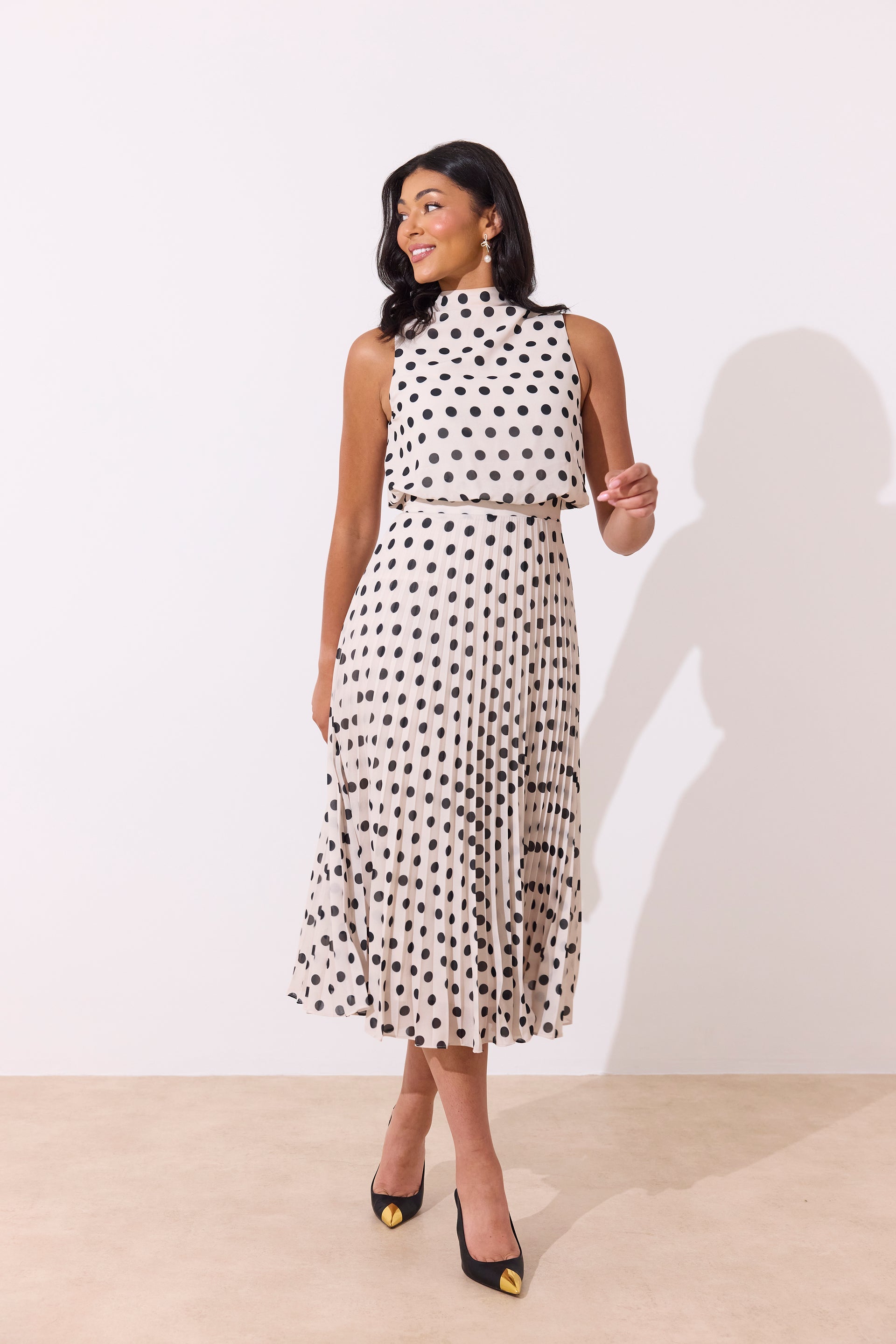 8th Sign Milly Polka Dot Dress side profile showing fitted waist