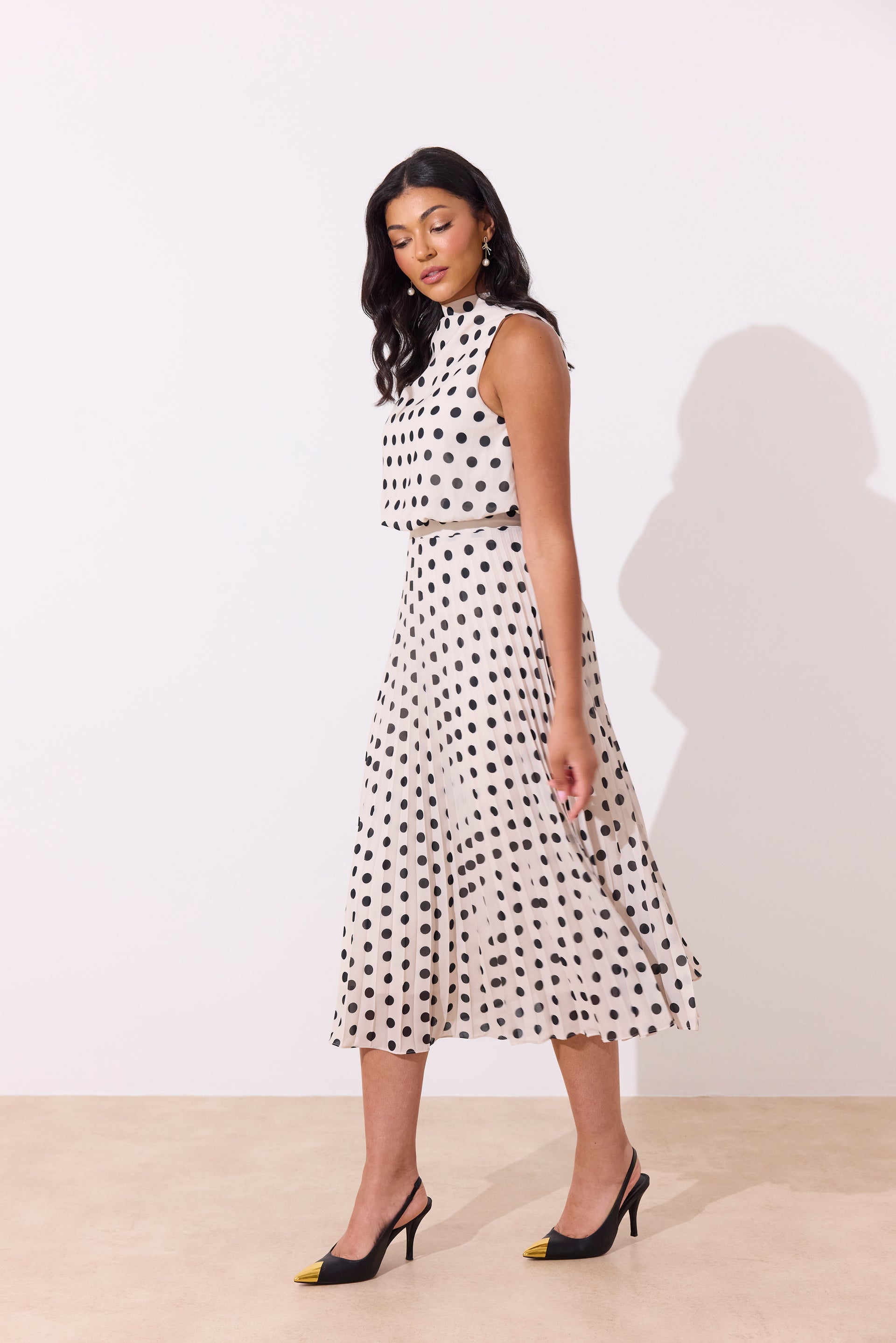 8th Sign Milly Pleat Polka Dot Midi Dress full length front