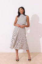 8th Sign Milly Polka Dot Midi Dress front view with pleated skirt
