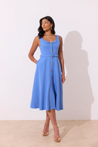 8th Sign Saffira belted blue midi dress full length front angle