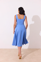 8th Sign Saffira blue midi dress back detail showing waist shaping
