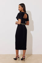 8th Sign Solana crystal embellished waist black velvet dress close-up