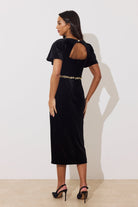 8th Sign Solana black velvet midi dress back and keyhole detail
