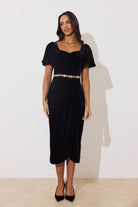 8th Sign Solana black velvet crystal embellished midi dress front view