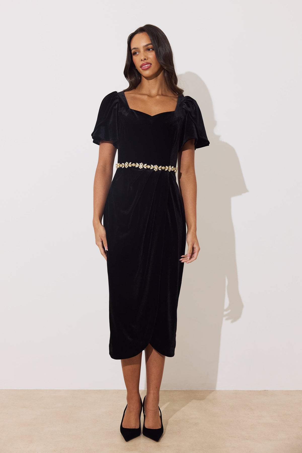 8th Sign Solana black velvet crystal embellished midi dress front view