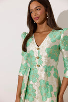 8th Sign Veronica metallic floral mini dress gold button bodice detail