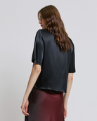 Access Fashion Black Satin Top With Padded Shoulders From Back 