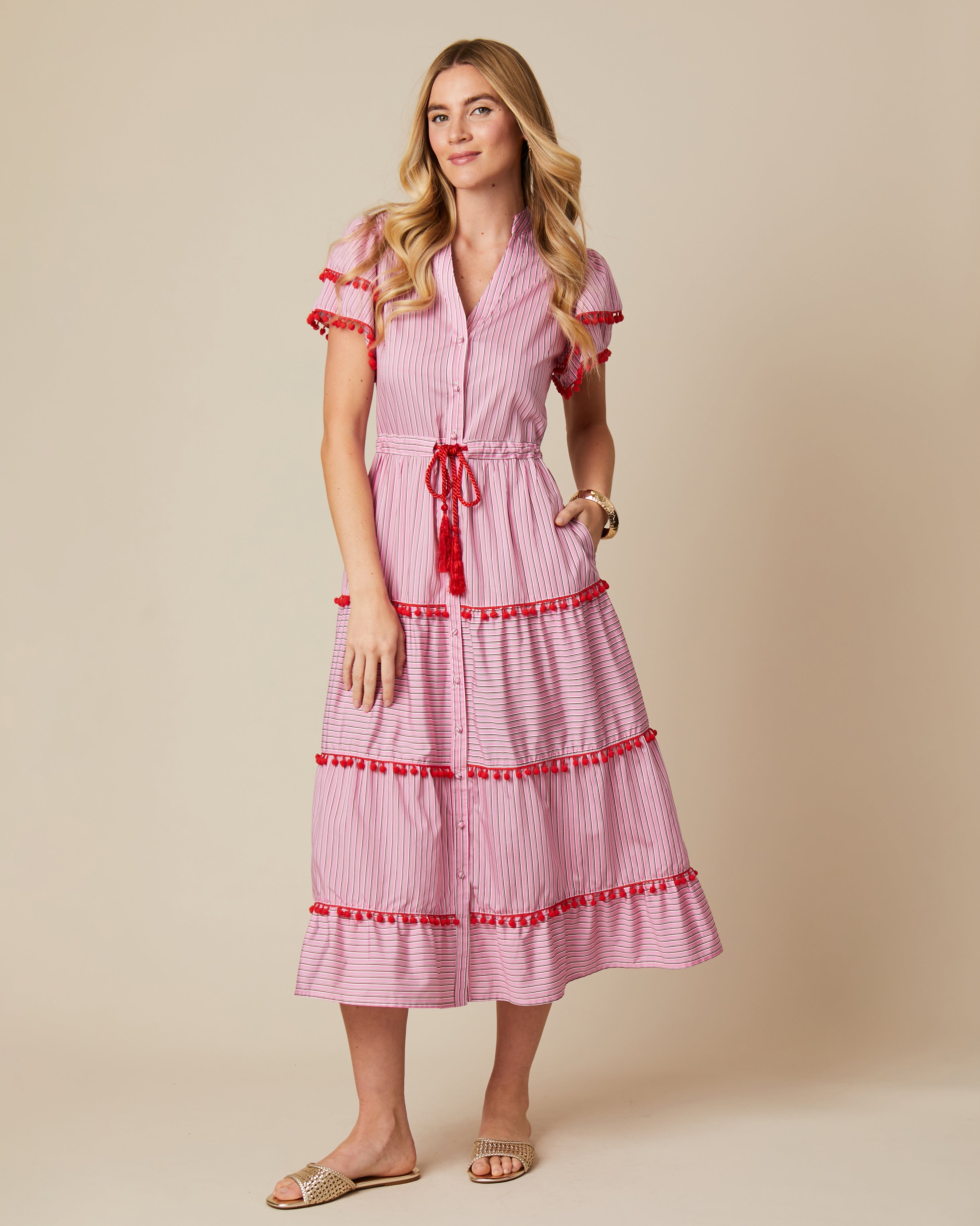 Fee G Eloise Pink Pinstripe Tiered Midi Dress