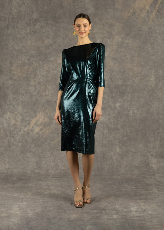 Fee G Cora Fitted Green Velvet along Sleeve Midi Dress