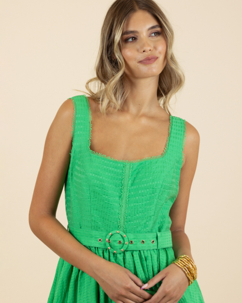 Fee G Amore Green Belted Swing Dress With Square Neckline
