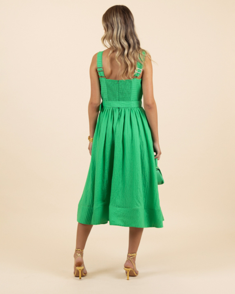 Fee G Amore Green Belted Swing Dress From The Back 