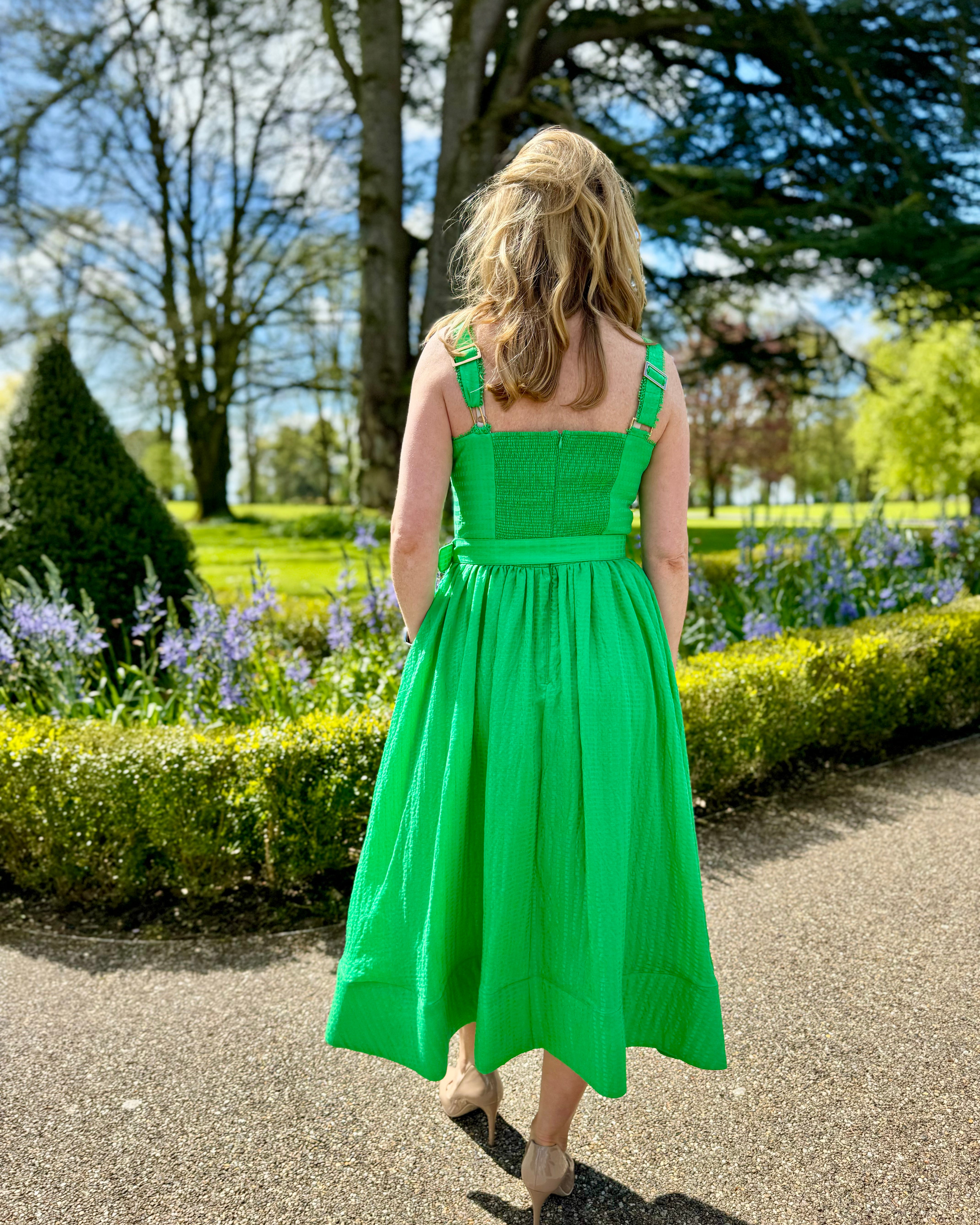 Fee G Amore Green Belted A-line Dress From The Back 