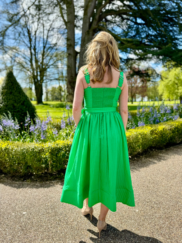 Fee G Amore Green Belted A-line Dress From The Back 